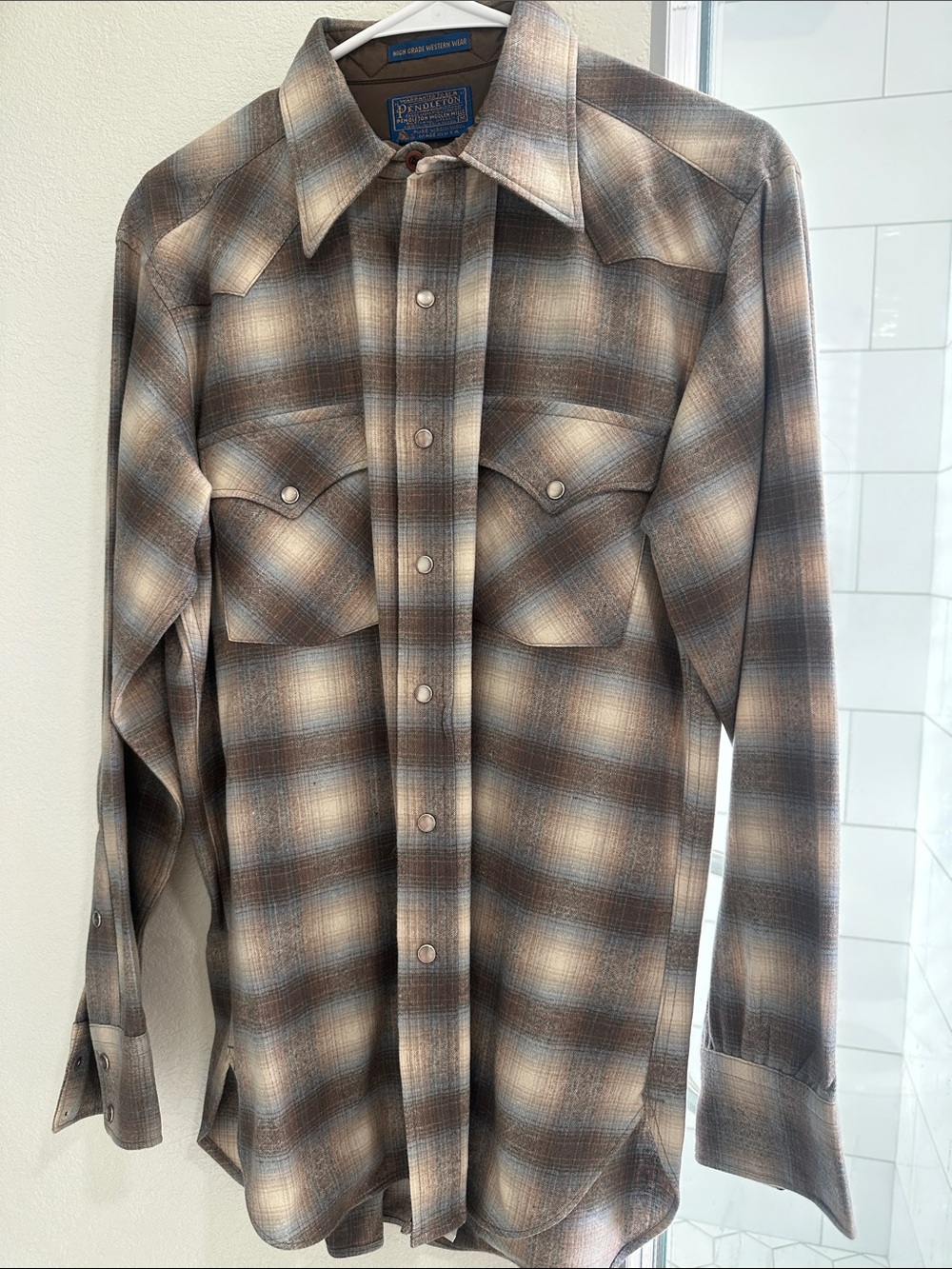 Pendleton Men's Brown and Cream Plaid Western Button-Down Shirt